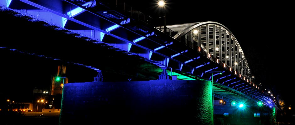 Martin Professional Exterior 400 and 410 fixtures illuminate historic John Frost Bridge in Arnhem, Netherlands